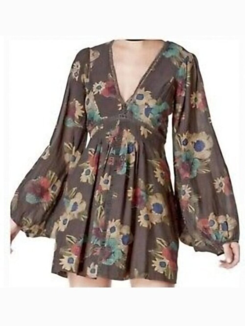 Free People Brown Floral Strawberry Fields Swing Long-Sleeve Mini Dress-‎ XS